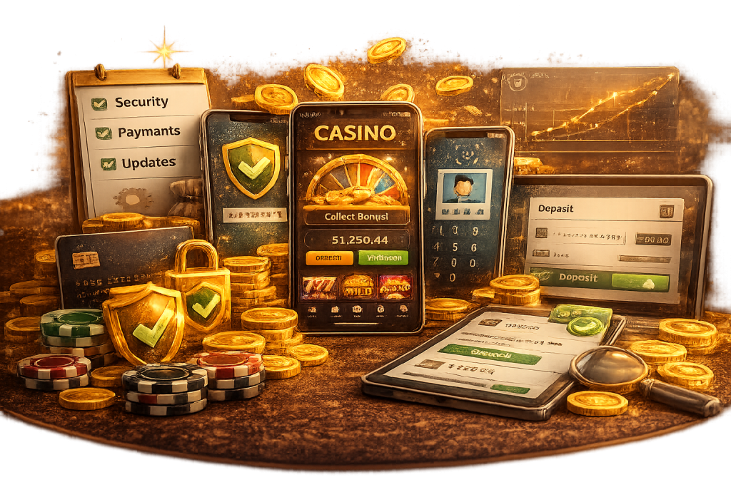 Online casino mobile app interface illustrated with smartphones, secure login elements, payments, coins, chips, and app navigation features