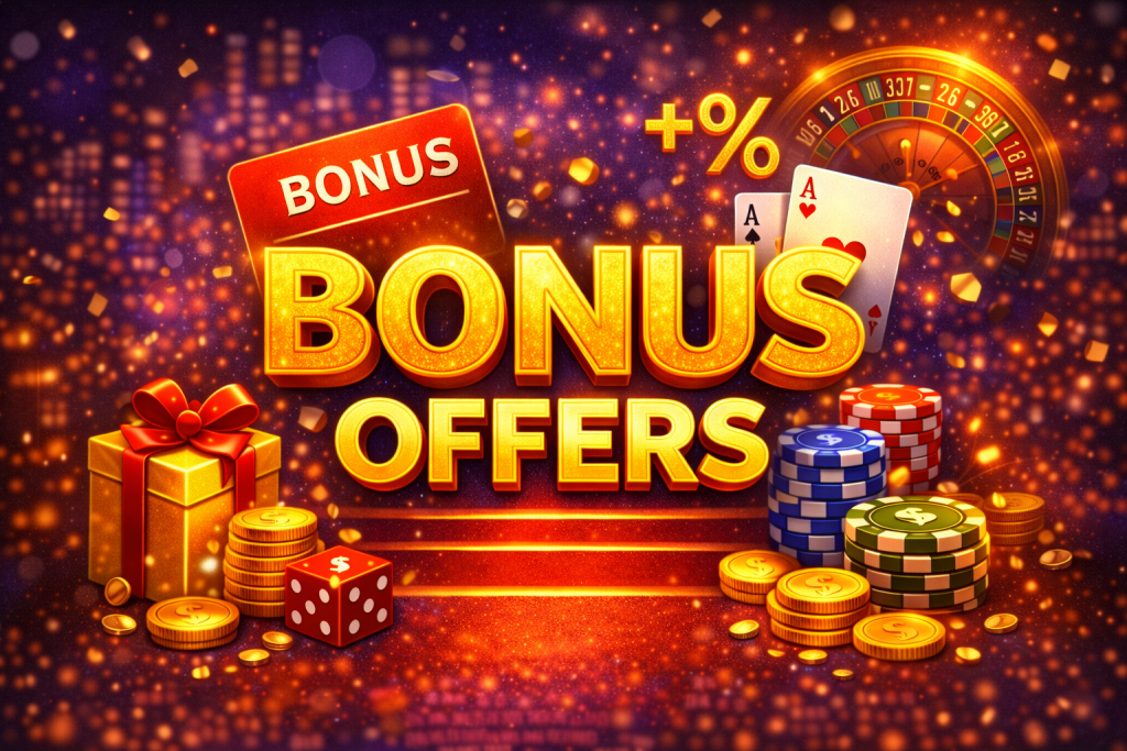 Bonus offers illustration with casino chips, coins, gift boxes and promotional elements on Stay Casino