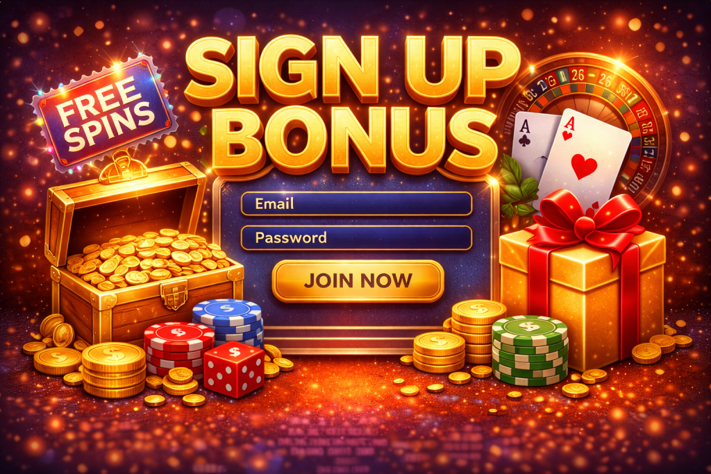 Sign up bonus illustration with registration form, gift box, casino chips and coins on Stay Casino