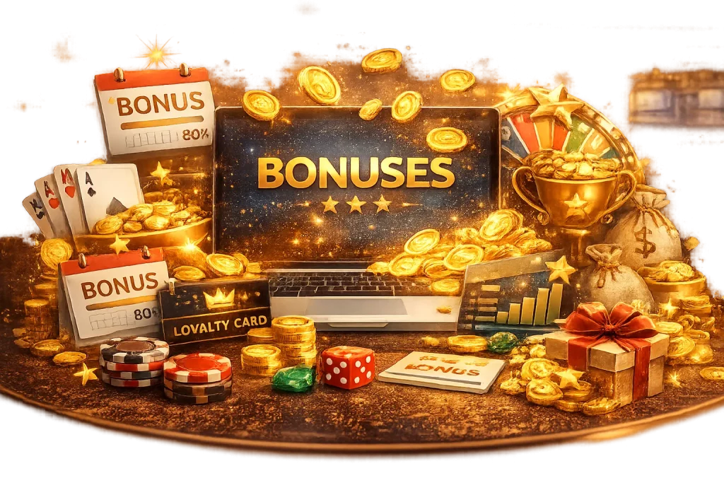 Online casino bonus concept with coins, chips, gift boxes, loyalty elements and rewards displayed around a digital screen