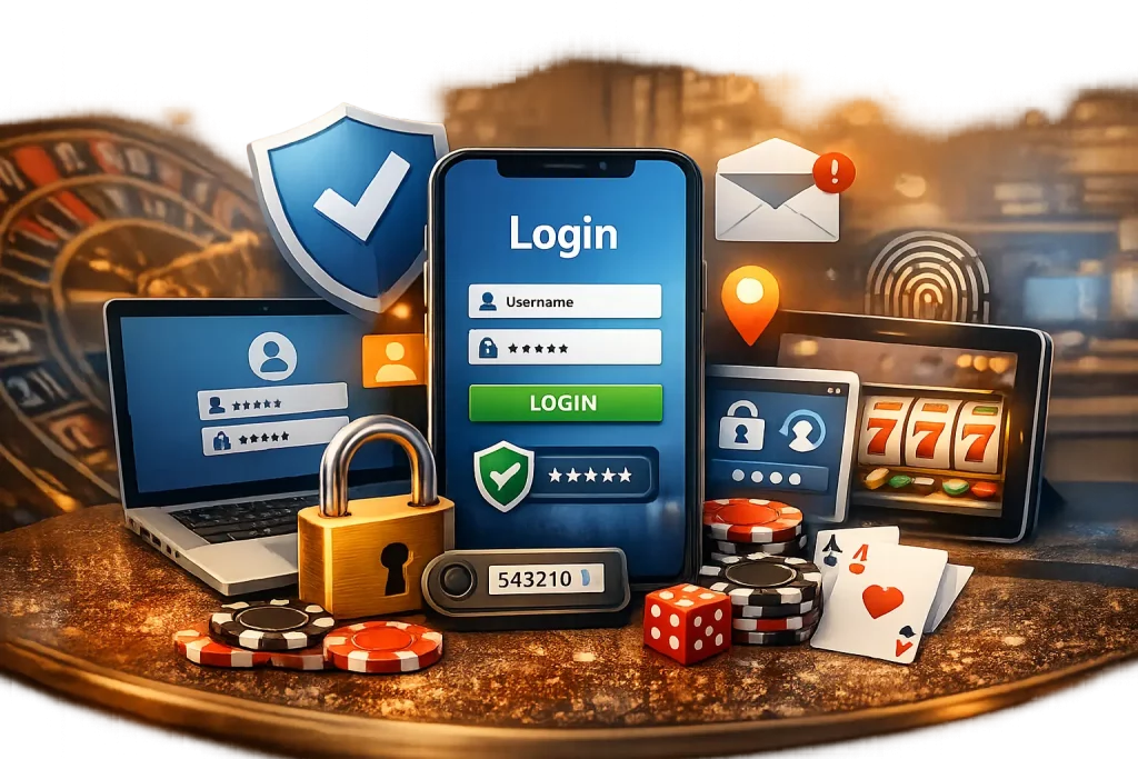 Online casino login interface on mobile and desktop devices with security icons, account access and authentication concept