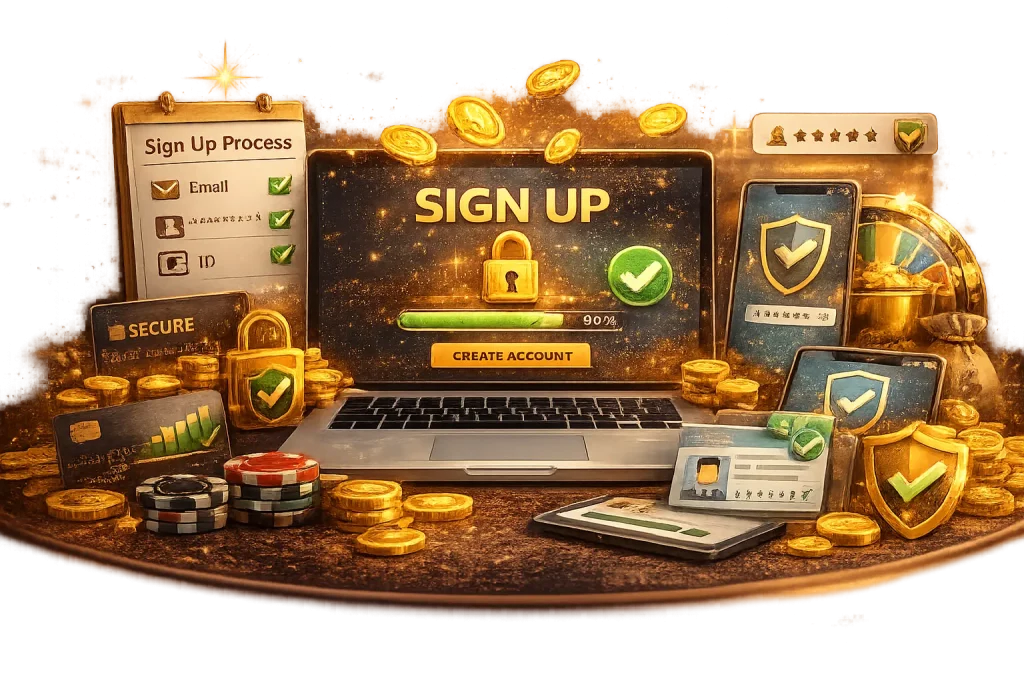 Online casino sign up process illustrated with account creation steps, identity verification, security icons, and digital devices