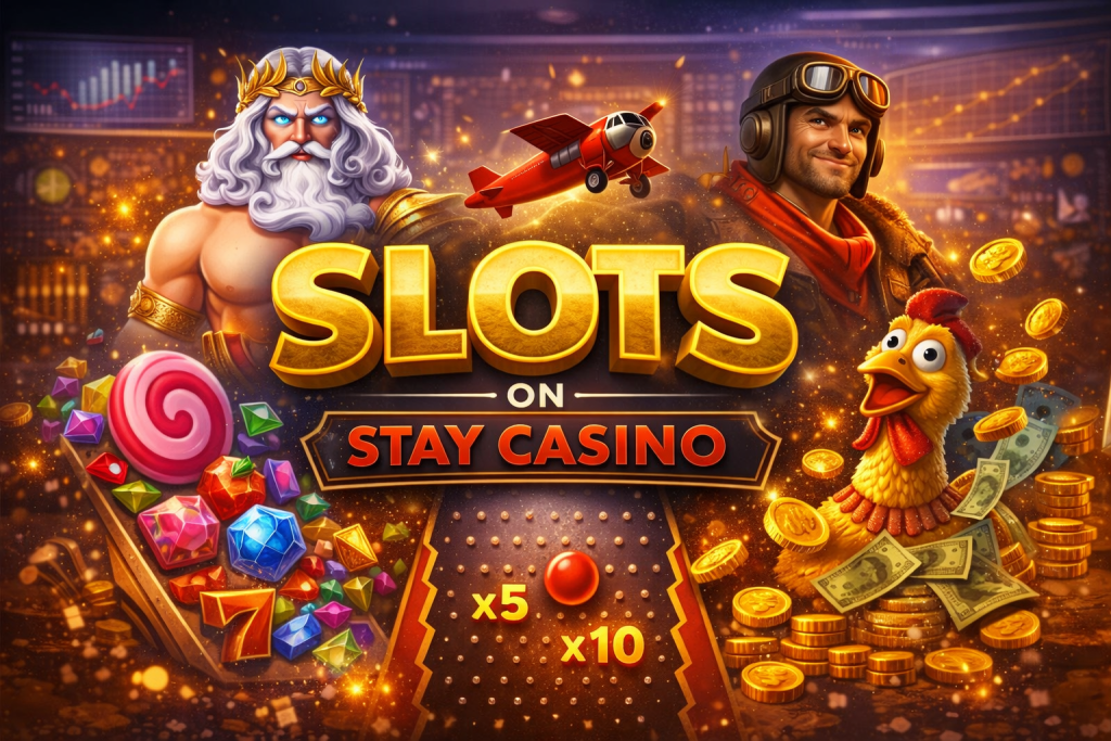 Slots available on Stay Casino illustrated with popular game mechanics, coins, chips, and casino-style visuals