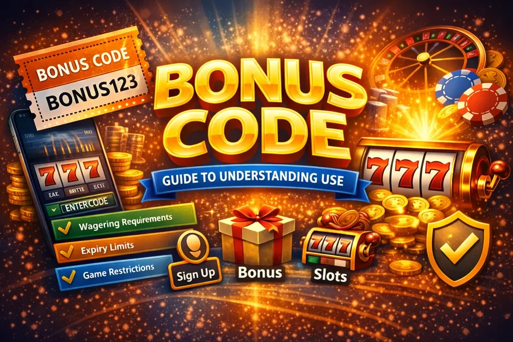 Bonus code guide at Stay Casino showing voucher code, slot symbols, coins, and steps to activate casino bonus offers