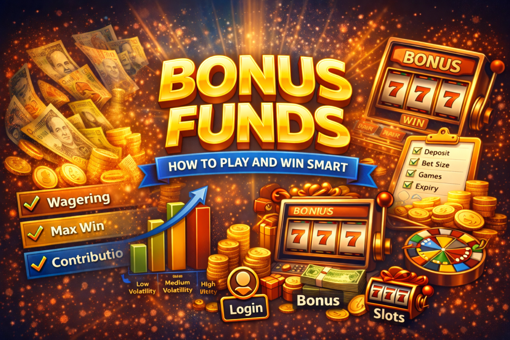 Stay Casino Bonus Funds promotional banner with golden coins, slot machine icons, wagering checklist, and glowing “Bonus Funds” headline in a vibrant horizontal design