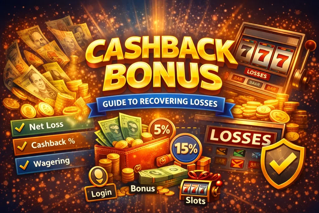 Cashback bonus illustration with gold coins, slot machine, percentage return icons, and recovery concept for Stay Casino players