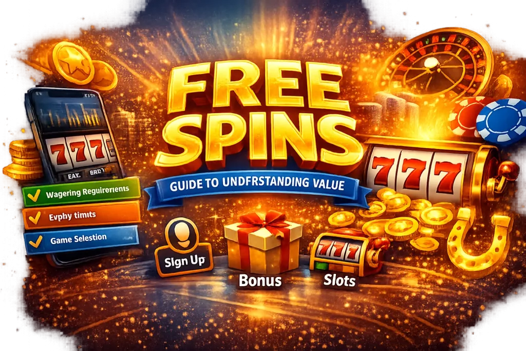 Free spins illustration with slot reels, bonus symbols, coins and promotional elements at Stay Casino