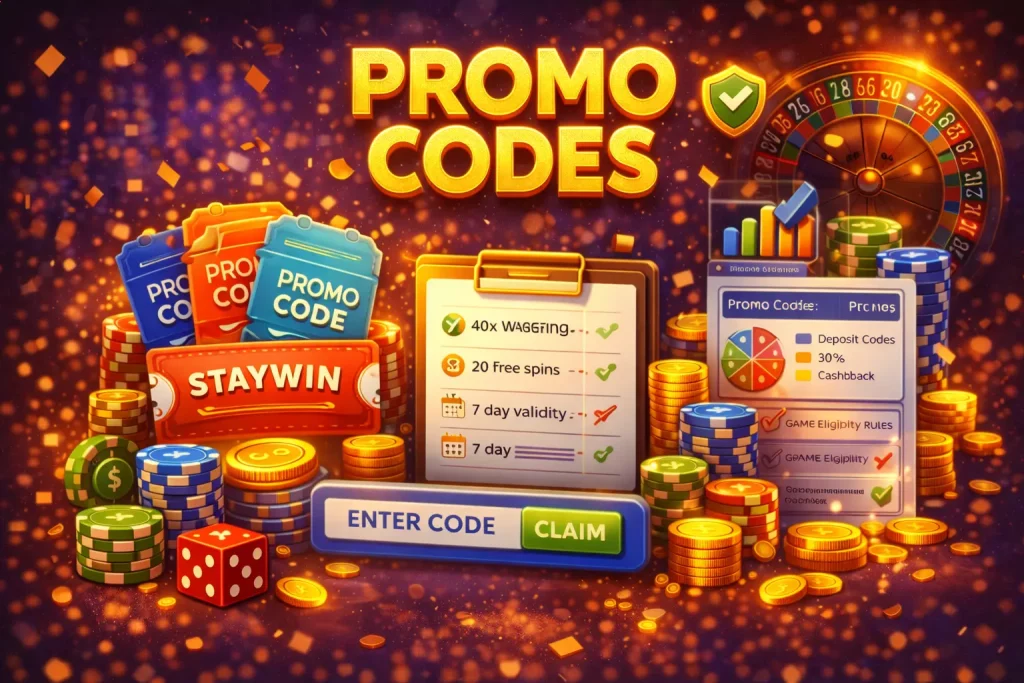Promo codes at Stay Casino with bonus tickets, wagering terms, and reward options