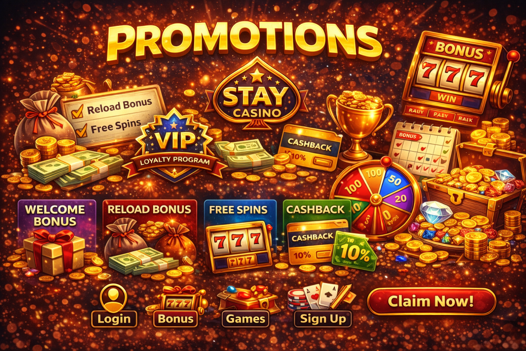 Stay Casino promotions banner featuring reload bonus, free spins, cashback, VIP rewards and tournament offers