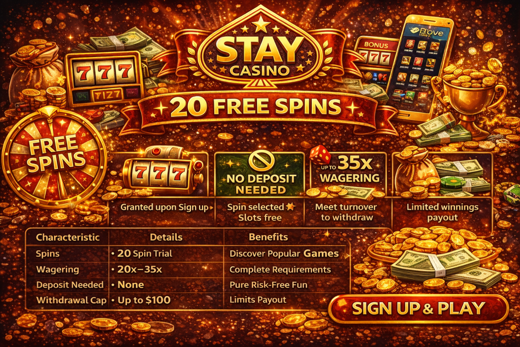 Stay Casino 20 Free Spins no deposit bonus promotional banner with gold coins, slot machine symbols, wagering details, and sign up call to action