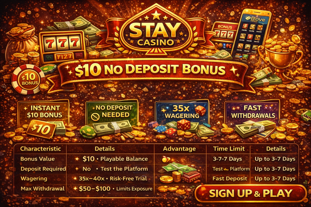 Stay Casino $10 no deposit bonus banner featuring instant free credit offer, 35x wagering details, gold coins and sign up call to action