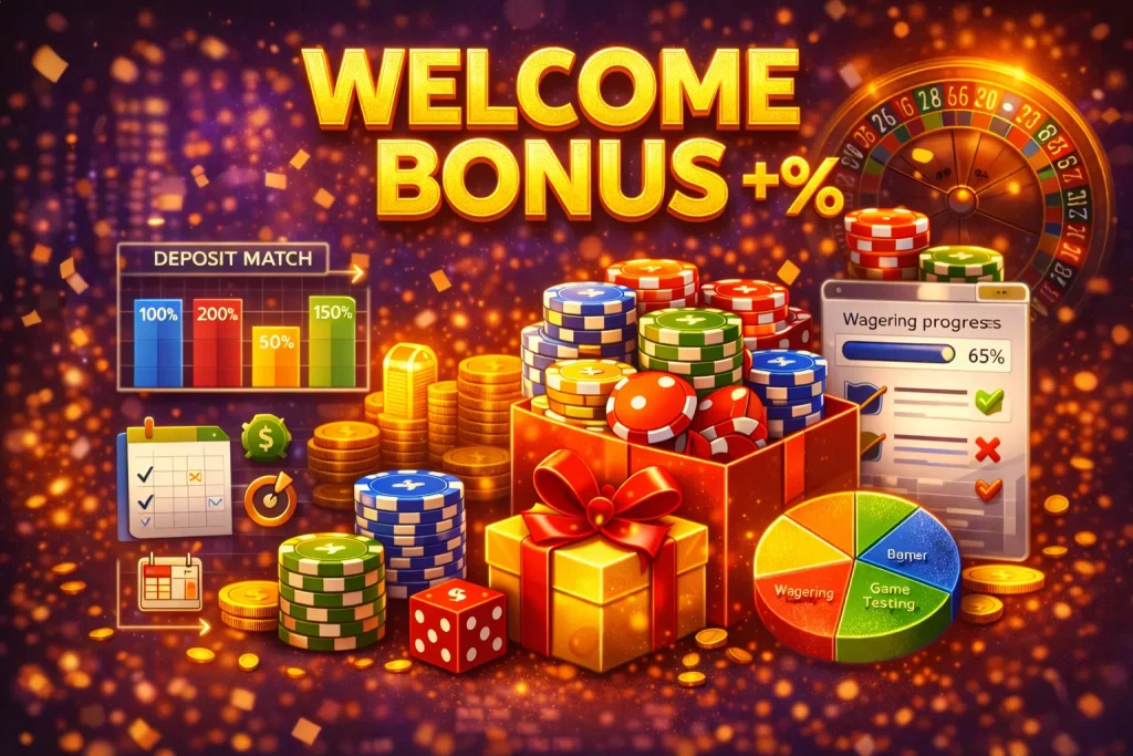 Welcome bonus illustration with gift box, casino chips, coins and bonus progress elements on Stay Casino
