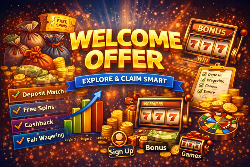 Stay Casino Welcome Offer banner with deposit match, free spins, cashback and bonus slot illustration