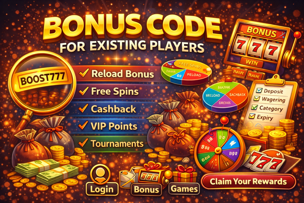 Stay Casino bonus code for existing players banner featuring reload bonus, free spins, cashback and VIP rewards
