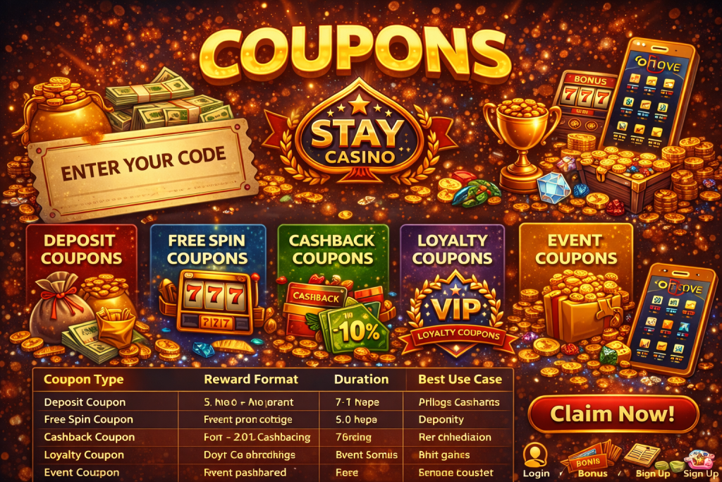 Stay Casino coupons banner featuring deposit, free spin, cashback, loyalty and event coupon offers with gold coins and claim now button