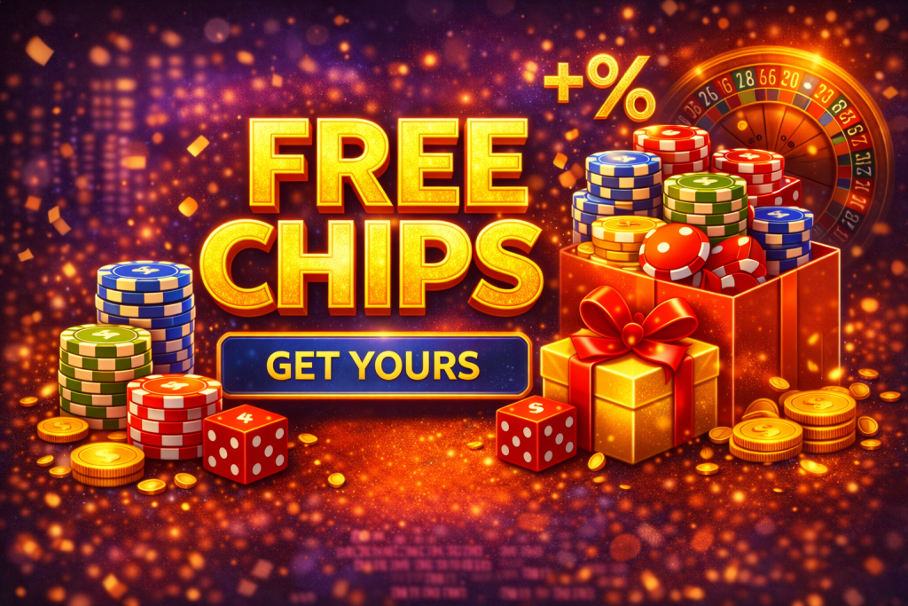 Free chips illustration with casino chips, dice, coins and gift box representing free chip offers in online casinos
