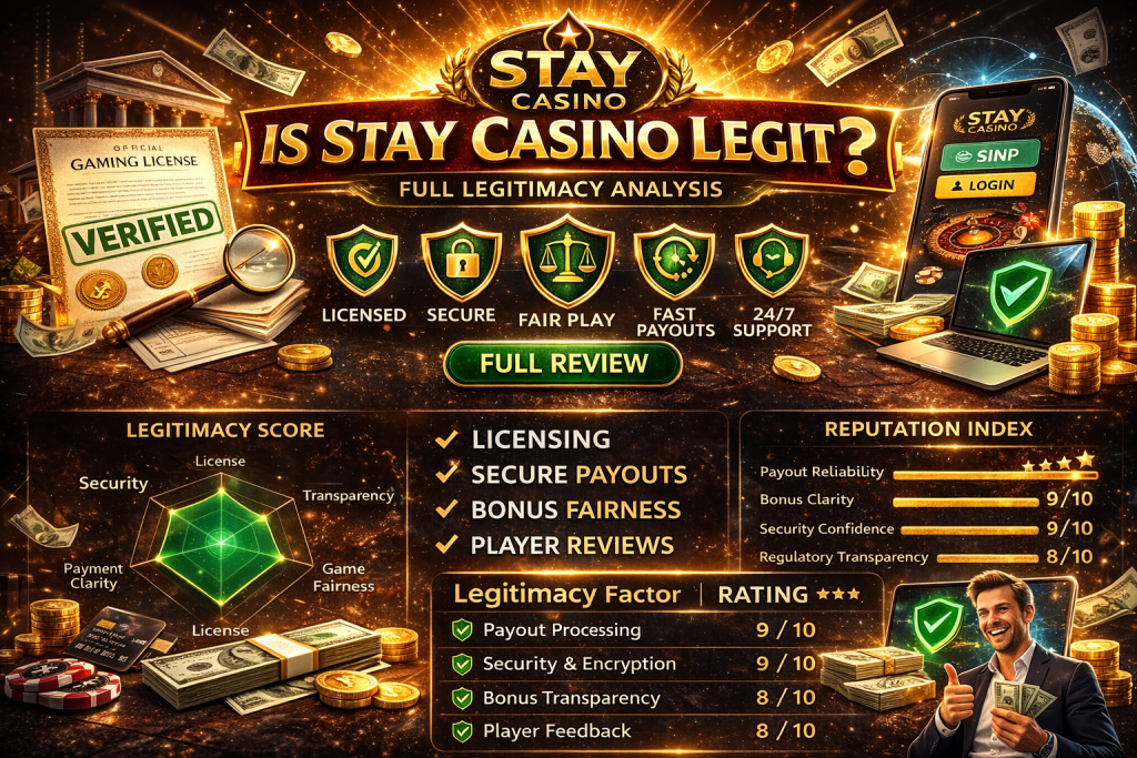 Stay Casino legitimacy banner showing license, security badges, payout rating and trust analysis infographic