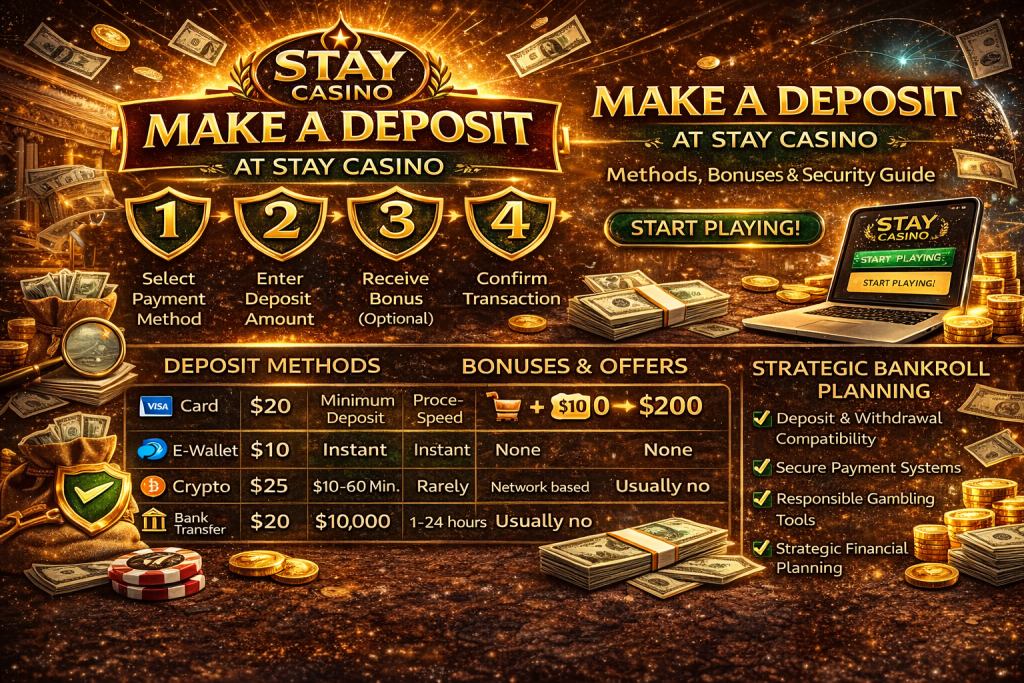 Stay Casino Make a Deposit banner showing payment methods, bonus options, and secure transaction steps in a gold-themed horizontal design