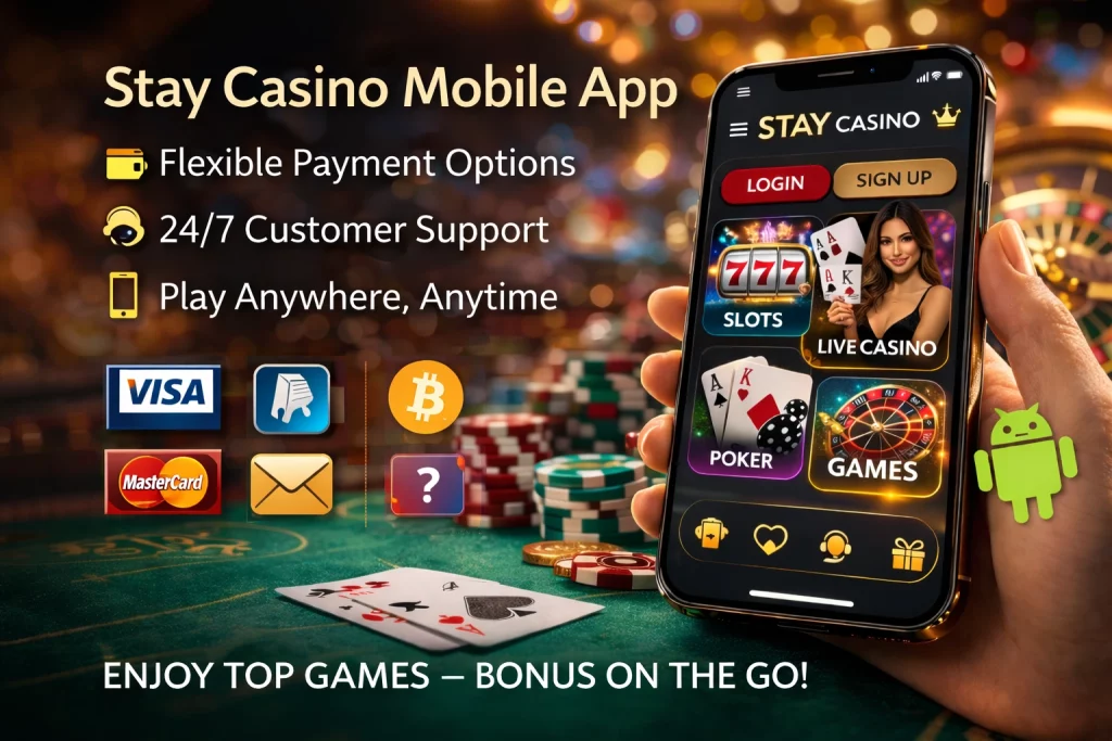 Promotional graphic showcasing Stay Casino Android mobile app with flexible payment options, 24/7 customer support, and mobile gaming advantages like Slots, Live Casino, Poker, and Games.