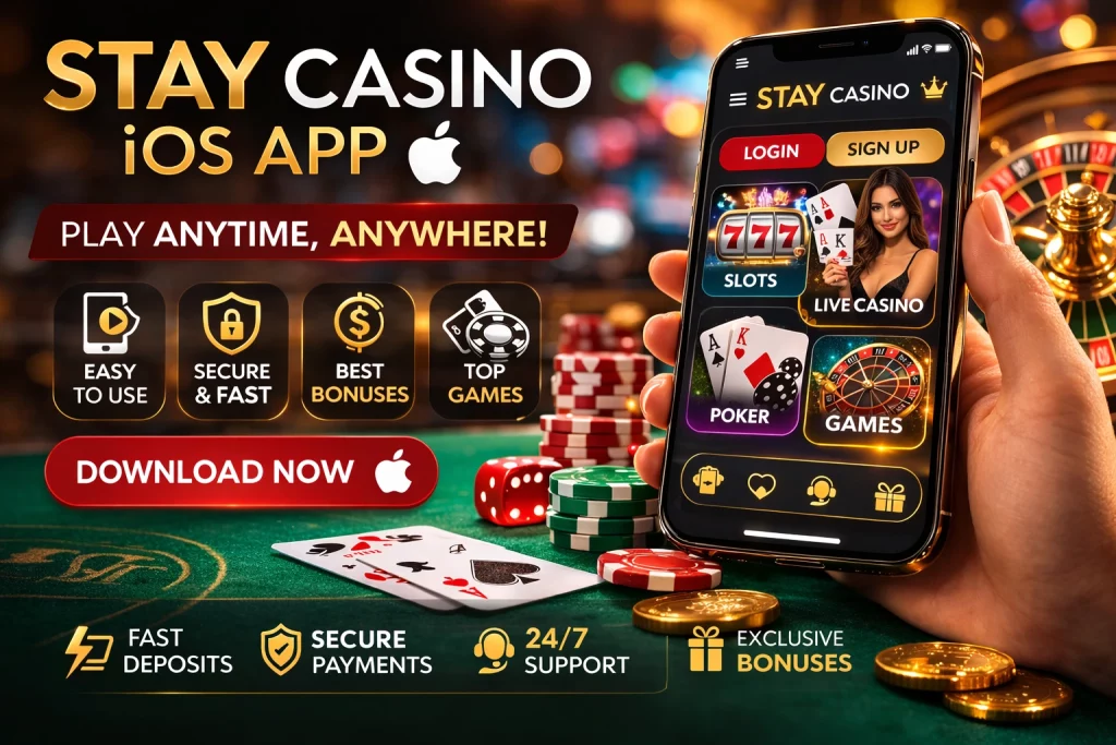 Promotional banner for Stay Casino showcasing iOS app compatibility, fast deposits, and a variety of games with a golden and green theme, emphasizing the 100% welcome bonus and device compatibility with iPhone, iPad, and iPod Touch.