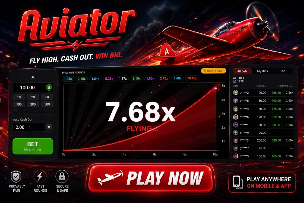 Aviator game banner showing a red airplane, rising multiplier graph, and fast-paced crash game interface in a dramatic casino setting