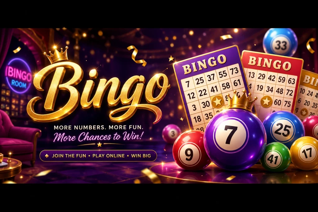 Bingo banner showing glowing bingo balls, game cards, and a festive online bingo room atmosphere in a bright luxury style