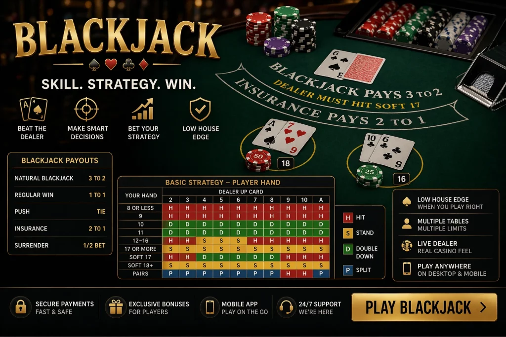 Blackjack banner showing a premium casino table with cards, chips, and a luxury live casino atmosphere