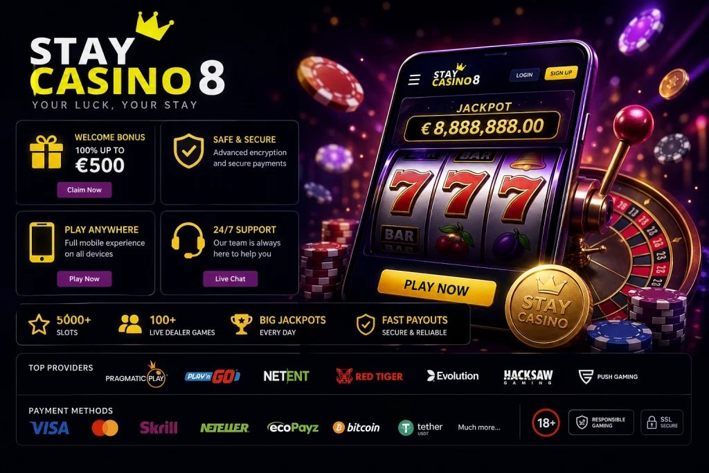 Stay Casino 8 online casino banner with glowing slot machines, digital casino interface, gold coins, and modern gaming atmosphere