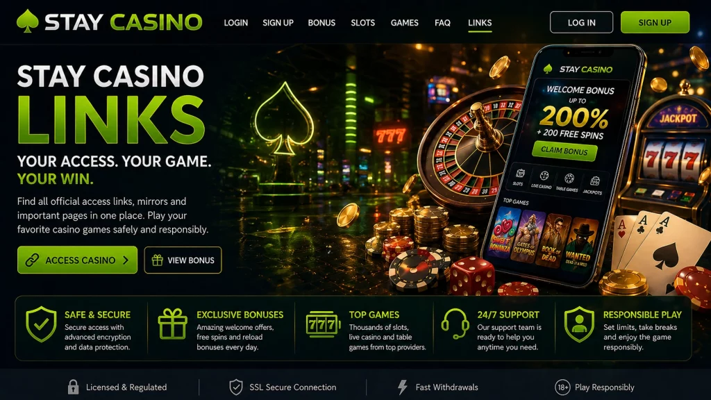 Stay Casino Links landscape banner with neon casino interface, mirror access routes, slot machines, roulette wheel, playing cards, and gold coins