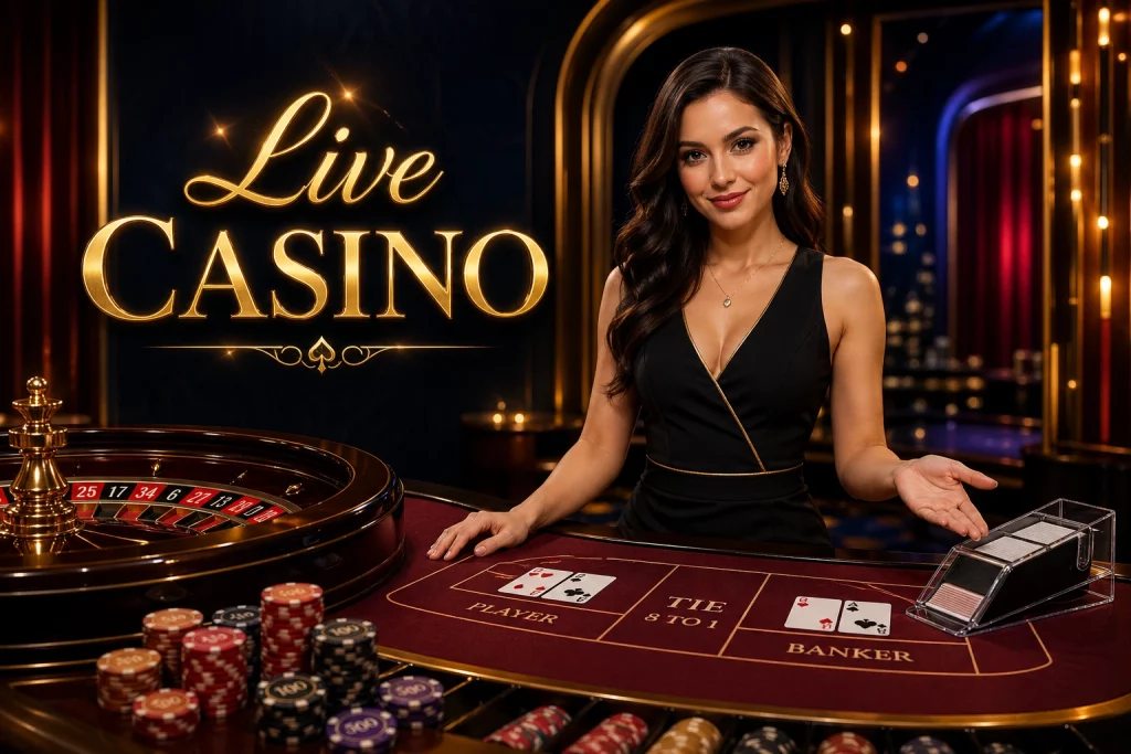 Live casino banner showing a professional dealer, roulette wheel, cards, and luxury table setup in a premium studio atmosphere