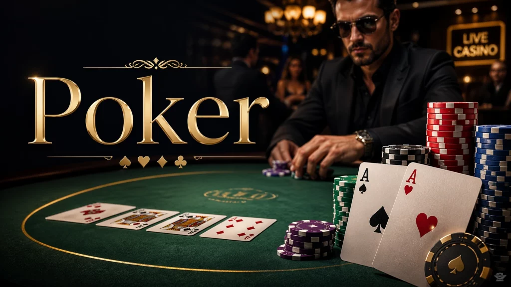 Poker banner showing a luxury casino table with cards, chips, and a high-stakes live poker atmosphere