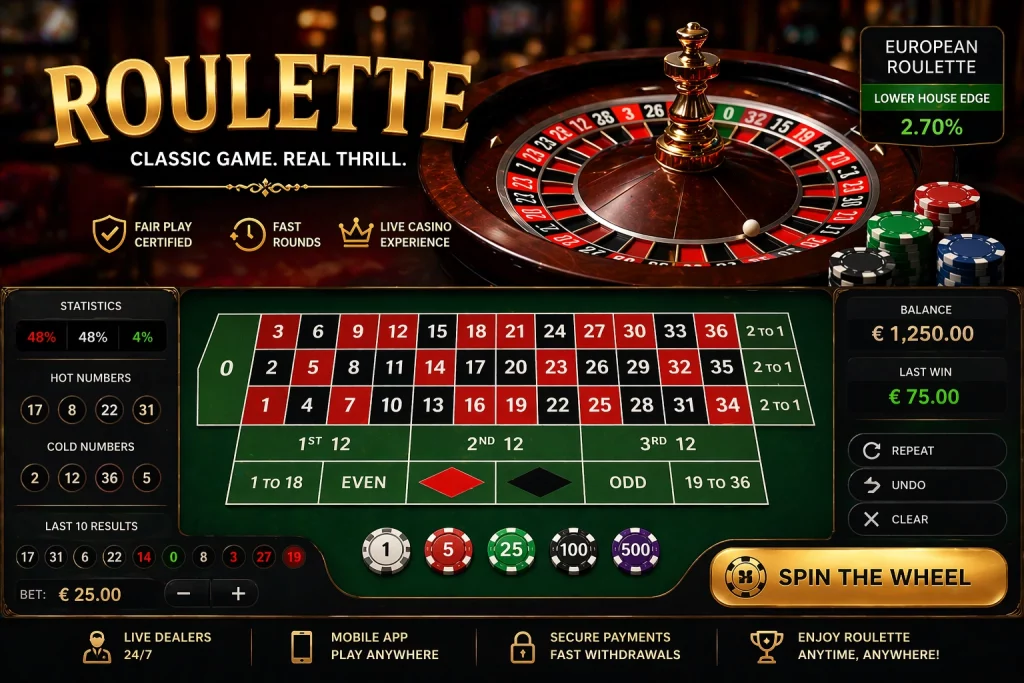 Roulette banner showing a premium casino wheel, betting table, and colorful chips in a classic luxury gaming atmosphere