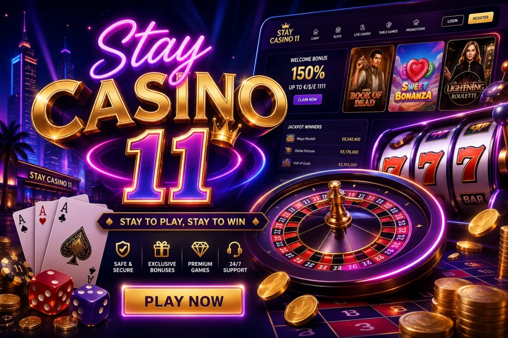 Stay Casino 11 landscape banner with neon casino lights, roulette wheel, slot machine, playing cards, gold coins, and premium online casino interface