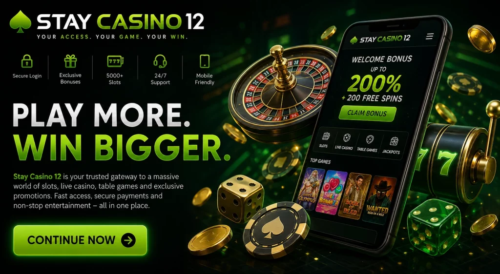 Stay Casino 12 landscape banner with neon casino atmosphere, slot machines, roulette wheel, playing cards, gold coins, and modern online casino interface