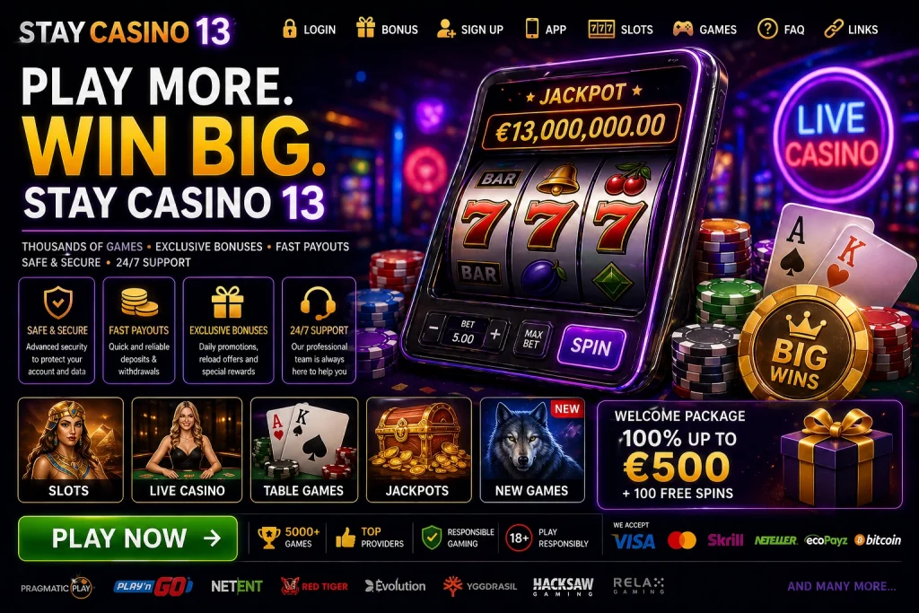 Stay Casino 13 landscape banner with neon casino lights, slot machines, roulette elements, gold coins, and modern online gaming design