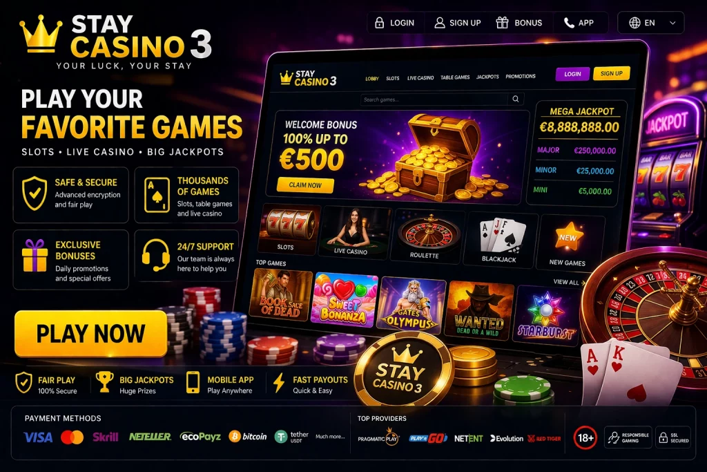 Stay Casino 3 landscape banner with neon casino lights, slot machines, gold coins, playing cards, and modern online gaming atmosphere
