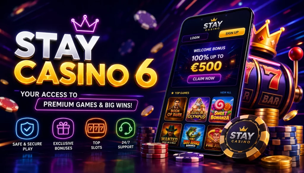 Stay Casino 6 landscape banner with neon casino lights, slot machines, roulette table, gold coins, playing cards, and modern online casino interface