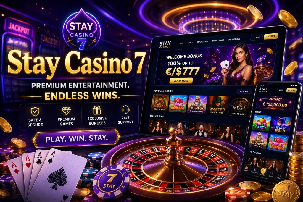 Stay Casino 7 landscape banner with neon casino lights, roulette wheel, slot games, playing cards, gold coins, and mobile casino interface