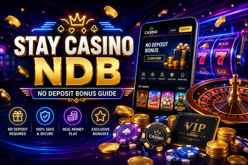 Stay Casino NDB landscape banner with no deposit bonus theme, neon casino lights, slot machine, roulette wheel, gold coins, and mobile casino interface