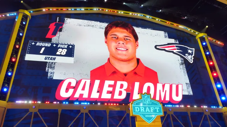 Utah Utes offensive tackle Caleb Lomu is selected by the New England Patriots as the number 28 pick during the 2026 NFL Draft at Acrisure Stadium.