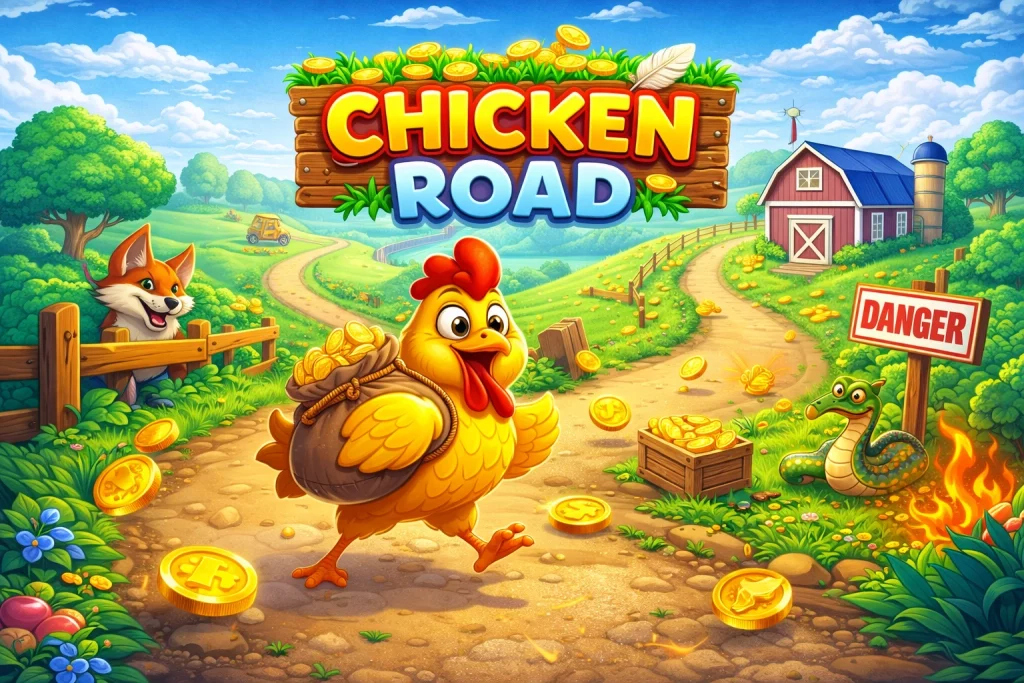 Chicken Road game banner showing a cartoon chicken running along a risky path with coins, multipliers, and danger elements in a colorful farm setting