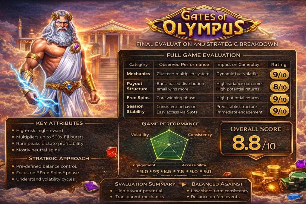 Gates of Olympus slot banner showing Zeus, multipliers, free spins feature, and overall rating with dynamic casino gameplay elements