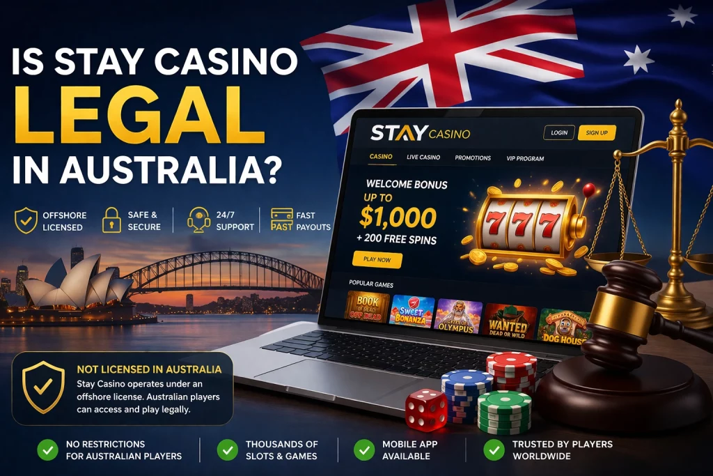 Stay Casino legal in Australia banner showing offshore casino access, Australian flag, laptop with casino interface, and legal symbols like scales and gavel