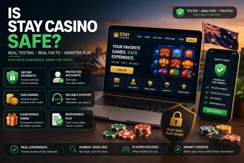 Stay Casino safety review banner showing secure online casino interface, encrypted payments, verified withdrawals, and player protection features in Australia
