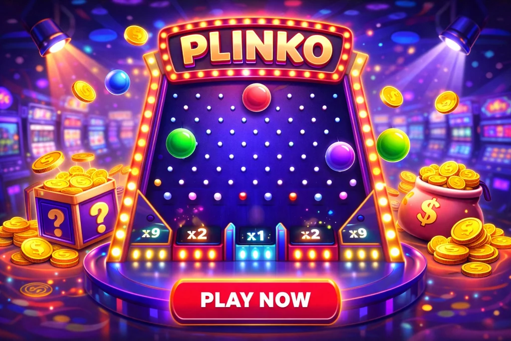 Plinko casino game banner showing a glowing board with bouncing balls, multipliers, and coins in a vibrant neon casino environment