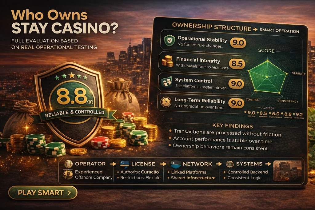 Stay Casino owner infographic showing company structure, offshore license, financial systems, and platform management with casino interface