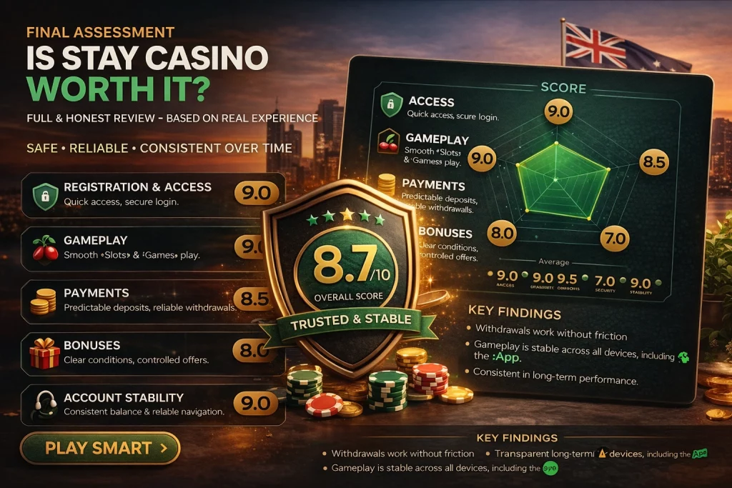 Stay Casino reviews banner showing overall rating score, gameplay, payments, bonuses, and account stability with casino interface and chips