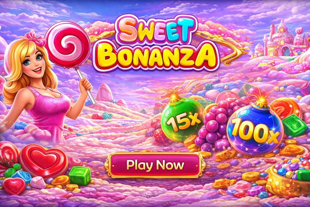 Sweet Bonanza slot banner showing colorful candy symbols, multipliers, cascading reels, and free spins feature in a dynamic casino interface