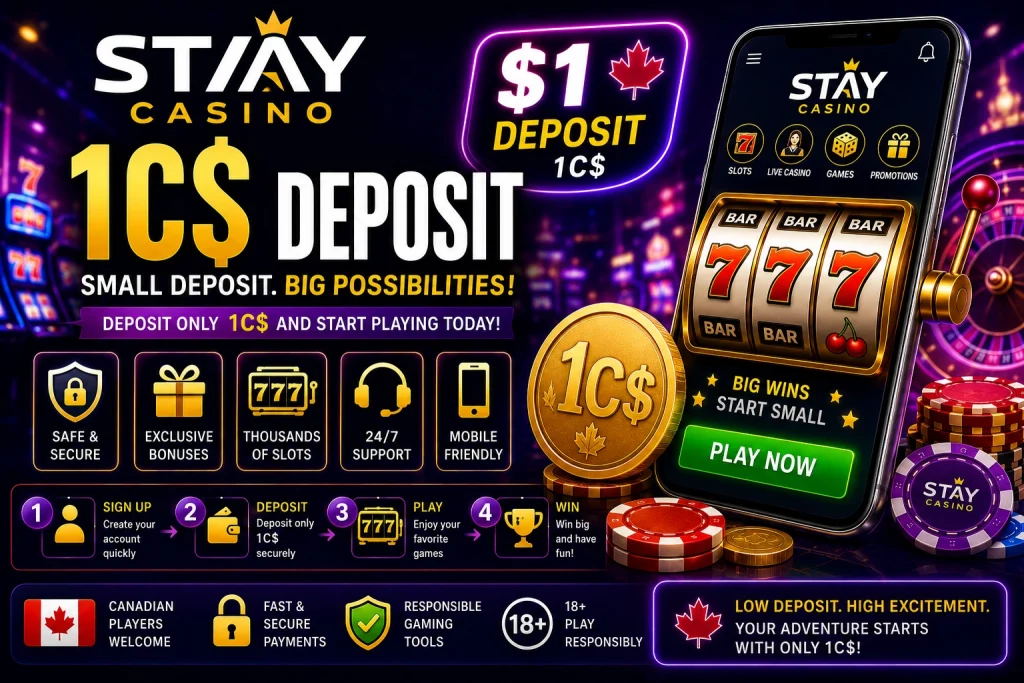 Stay Casino 1C$ promotional banner with neon casino lights, gold coins, mobile slot interface, roulette wheel, and online gaming elements