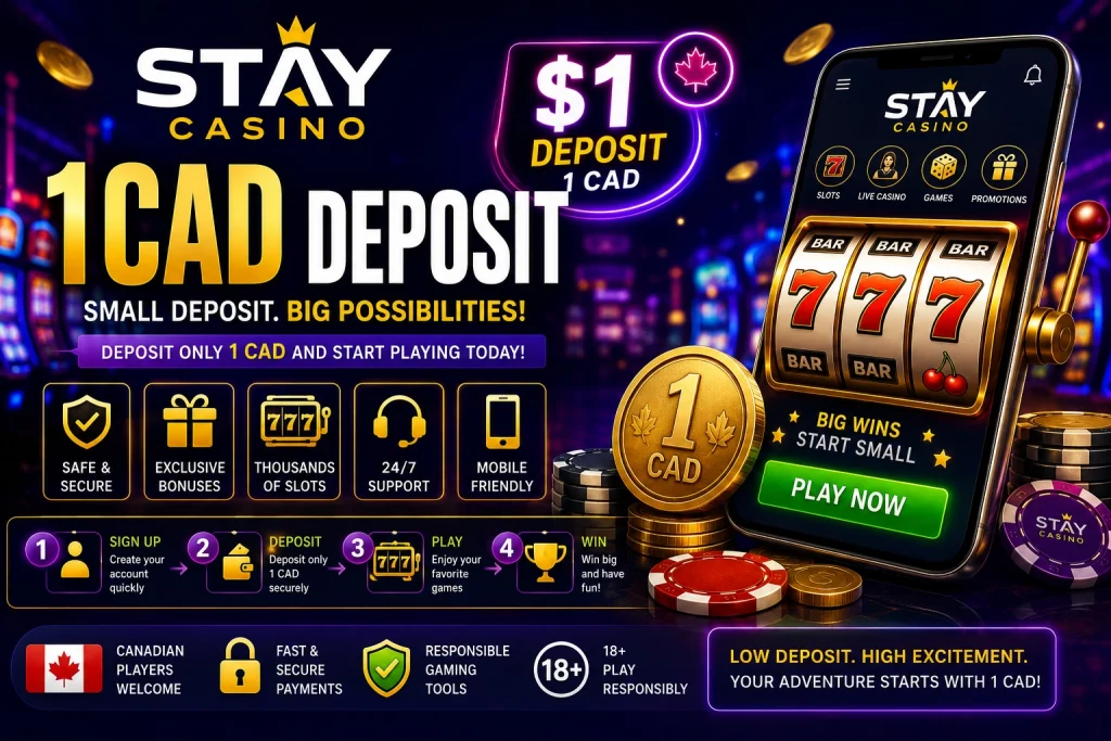 Stay Casino 1CAD Dollar Deposit banner with neon casino lights, Canadian dollar theme, mobile slots, roulette wheel, and online gaming interface